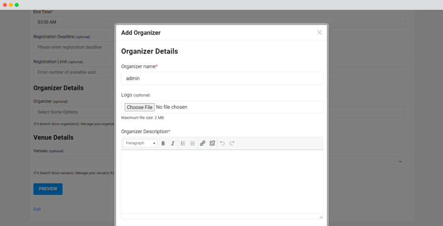 Wp Event Manager Organiser Form