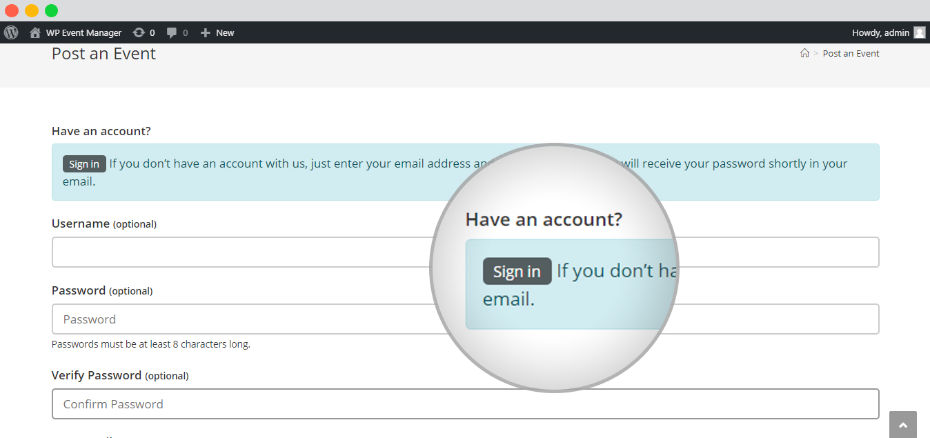 Wp Event Manager Account Creation